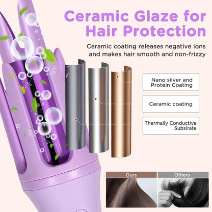 Automatic Curling Iron, 1.5 Inch Hair Curler with 4 Temp. Options, 10S Fast Heating, 2-Way Rotation, 30 Min Auto Shut-Off, Anti-Scald-Tangle for Long Hair, Dual Voltage for Travel (Purple)